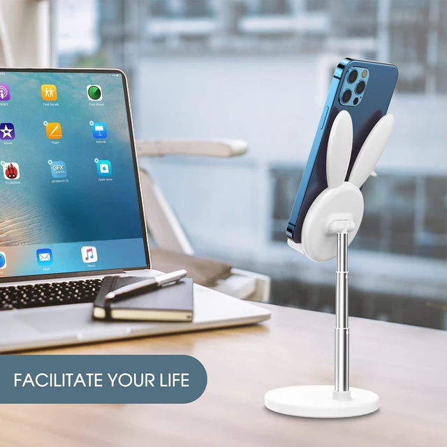 Alt view image 7 of 7 - Cute Bunny Phone Stand Adjustable Phone Holder for Phones | Weighted Base Kawaii Desk Accessories, Aesthetic Room Decor Gift for Women/Girls/Kids, Compatible with All Phones