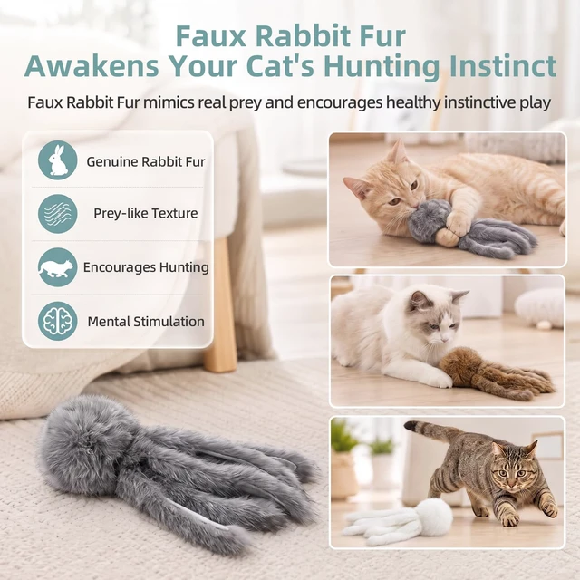 Alt view image 2 of 7 - Octopus 3 Pack Rabbit Fur Cat Toy for Indoor Cats | Octopus Tentacle Design, Faux Rabbit Fur, No Catnip, Handmade, Stress Relief, Hunting Instinct Toy, Prefect For Bunny Kick