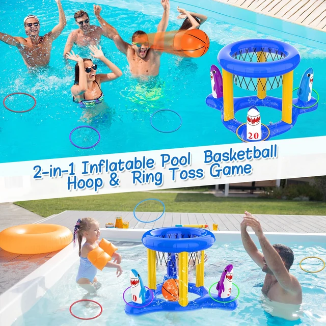 Alt view image 4 of 6 - Pool Toys Pool Floats Pool Games for Kids Adult, Inflatable Pool Basketball Hoop & Ring Toss Game, 2-in-1 Pool Floating Outdoor Party Water Toy for Adults Family Kids Ages 4-8-12 (Blue-1)