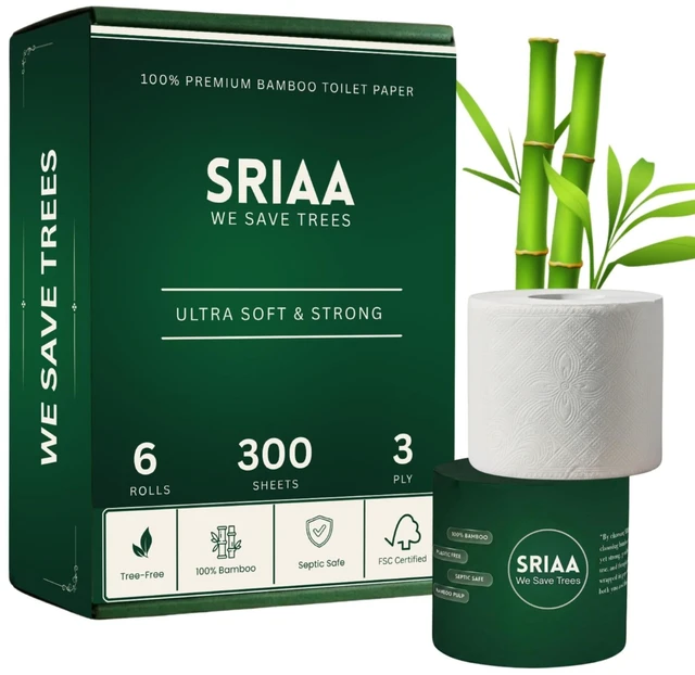 Main image of Premium 100% Bamboo Tree-Free Toilet Paper, 6 Mega Rolls, 3-Ply, 300 Sheets per Roll, Septic Safe, Plastic & PFAS Free, FSC Certified