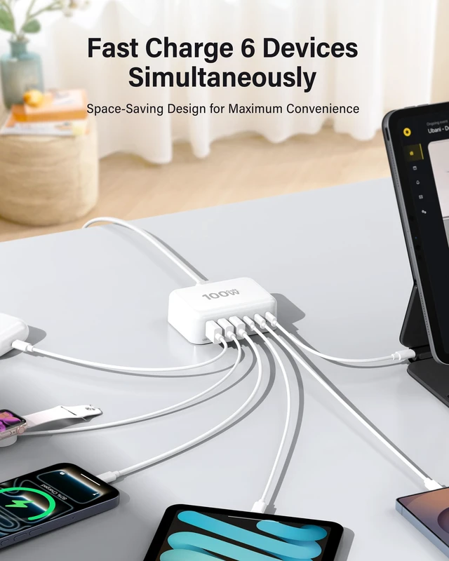 Alt view image 4 of 7 - Fast Charger Block 50% Smaller 100W Max 6-Port GaN USB Charging Station | 3 USB-C & 3 USB-A Compact Desktop Charger for Home Office, PD20W USB Power Strip for iPad iPhone 18 17 16 15 Pro Max Galaxy