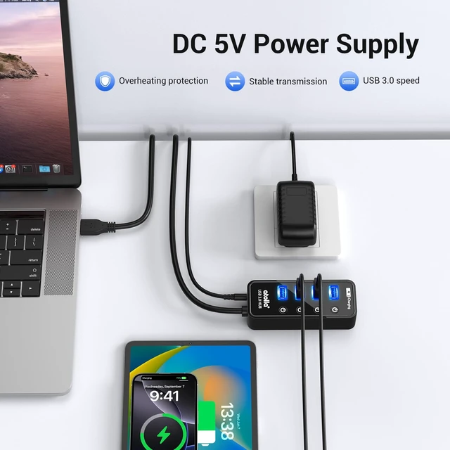 Alt view image 4 of 7 - 4-Port USB 3.0 Hub with 4 Data Ports, 1 Smart Charging Port, Individual On/Off Switches and 5V/3A Adapter