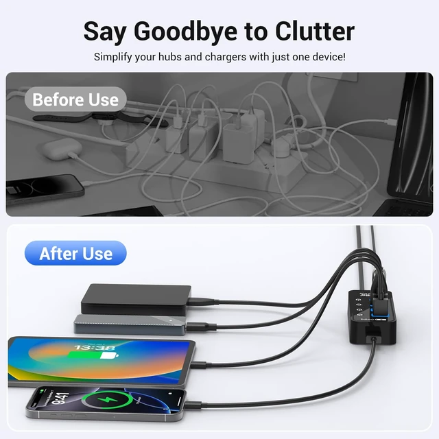 Alt view image 7 of 7 - 4-Port USB 3.0 Hub with 4 Data Ports, 1 Smart Charging Port, Individual On/Off Switches and 5V/3A Adapter