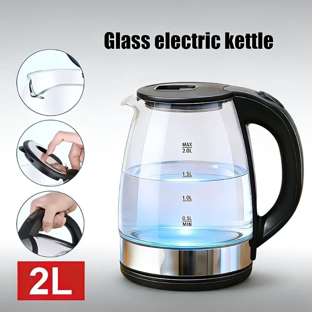 Alt view image 2 of 5 - Electric Kettle, 2.0L, Hot Water Boiler, Removable Lid for Easy Cleaning, Auto Shut Off, Boil-Dry Protection, BPA Free, Borosilicate Glass Electric Tea KettleInner lid made of 304 stainless steel