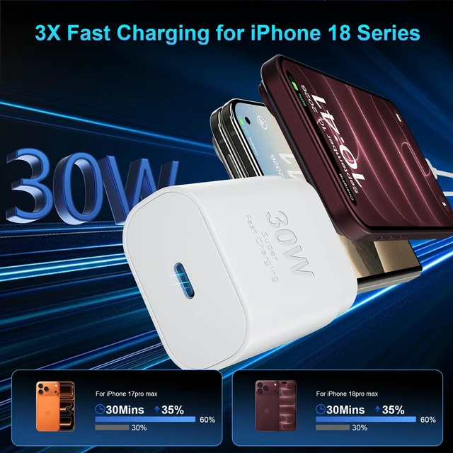Alt view image 2 of 6 - iPhone 18 17 16 15 Charger Fast Charging 30W USB C Charger 10FT Long Cable | Type C Charger USB C iPhone Fast Charger Block for iPhone 18 Duo/18 Pro Max/17/iPhone 16/iPhone 15 Pro Max/iPad/Samsung S26