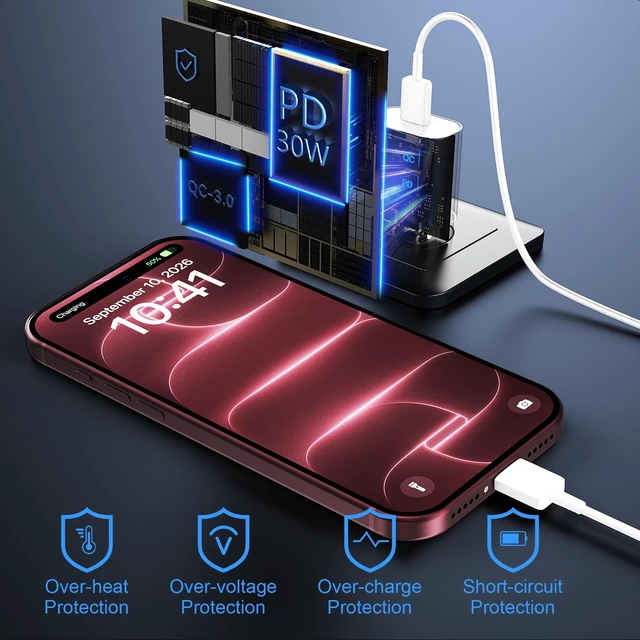 Alt view image 5 of 6 - iPhone 18 17 16 15 Charger Fast Charging 30W USB C Charger 10FT Long Cable | Type C Charger USB C iPhone Fast Charger Block for iPhone 18 Duo/18 Pro Max/17/iPhone 16/iPhone 15 Pro Max/iPad/Samsung S26