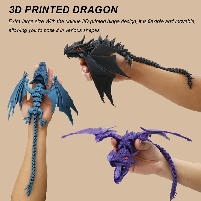 Alt view image 4 of 7 - 3D Printed Dragon with Wings, Fidget Dragon Toys, 3D Printed Animals, Flexible Articulated Winged Crystal Dragon Model,Home Office Decor Desktop Pet(Silk Black)