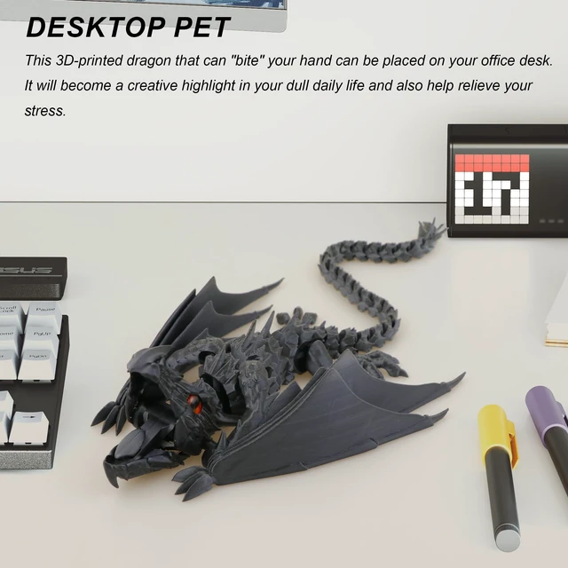 Alt view image 5 of 7 - 3D Printed Dragon with Wings, Fidget Dragon Toys, 3D Printed Animals, Flexible Articulated Winged Crystal Dragon Model,Home Office Decor Desktop Pet(Silk Black)