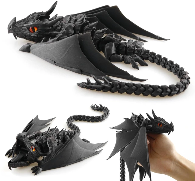 Main image of 3D Printed Dragon with Wings, Fidget Dragon Toys, 3D Printed Animals, Flexible Articulated Winged Crystal Dragon Model,Home Office Decor Desktop Pet(Silk Black)