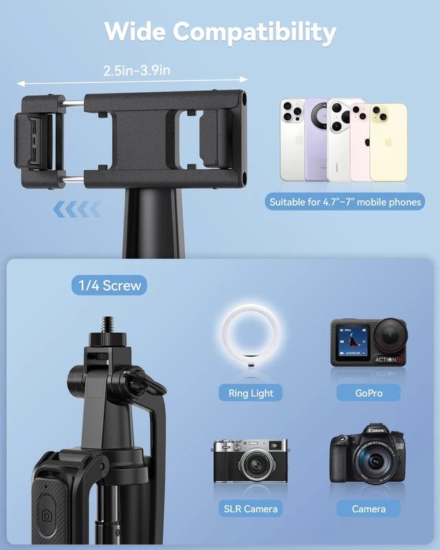 Alt view image 4 of 4 - 71" Phone Tripod & Selfie Stick, Portable Extendable Cell Phone Tripod Stand with Wireless Remote and Phone Holder, with Wireless Remote Control for iPhone/Samsung/Android/Camera