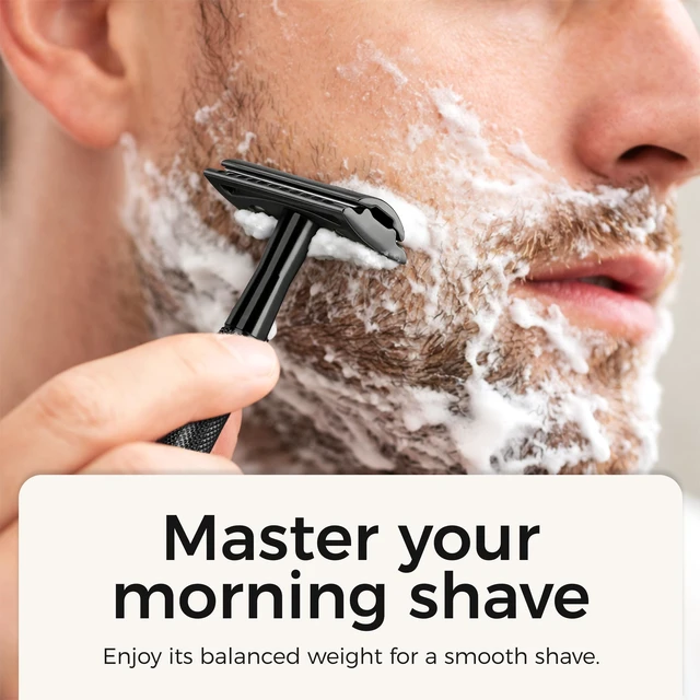 Alt view image 5 of 7 - Double Edge Safety Razor for Men & Women, Black | Includes 5 Replacement Blades, Textured Grip, Easy Blade Change, Washable Design, Balanced Feel For Daily Grooming