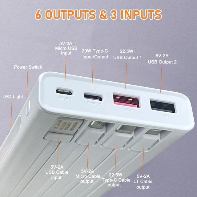 Alt view image 2 of 5 - Portable Charger with Built in Cables,10000mAh Power Bank with LED Lamp Fast Charging USB C External Battery Pack Phone Charger with LED Display for iPhone, Samsung and Cell Phones(White)