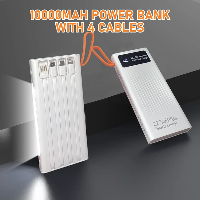 Alt view image 3 of 5 - Portable Charger with Built in Cables,10000mAh Power Bank with LED Lamp Fast Charging USB C External Battery Pack Phone Charger with LED Display for iPhone, Samsung and Cell Phones(White)