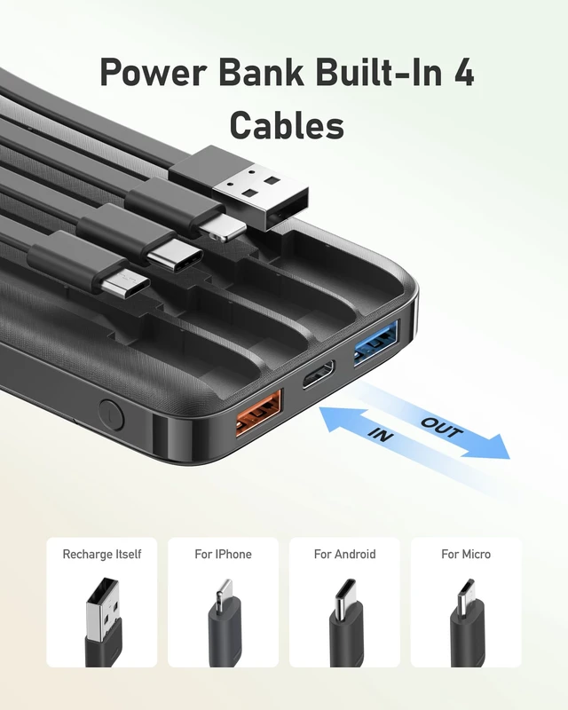 Alt view image 2 of 7 - Portable Charger Built-in Cables, 10000mAh Slim Power Bank Pocket | 22.5W Fast Charging Battery Pack for iPhone 17/16/15 Samsung Android, Flight-Approved, Multi-Device, USB-C, Daily Commute