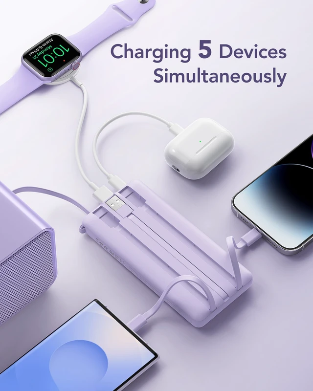 Alt view image 4 of 6 - Portable Charger,4 Built -in Cables Power Bank 10000mAh,Flight-Safe | Slim Travel Battery Pack,USB C In & Out,5 Outputs Compatible with iPhone 17/16/15, Samsung and Android Phones-1 Pack