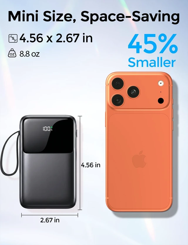 Alt view image 3 of 7 - 15000mAh Portable Charger Power Bank, 45% Smaller Built-in 4 Cables | 50% More Capacity, Slim Travel Essential Battery Pack, 30-Min 22.5W Fast Charge to 50% for iPhone/Samsung, Black