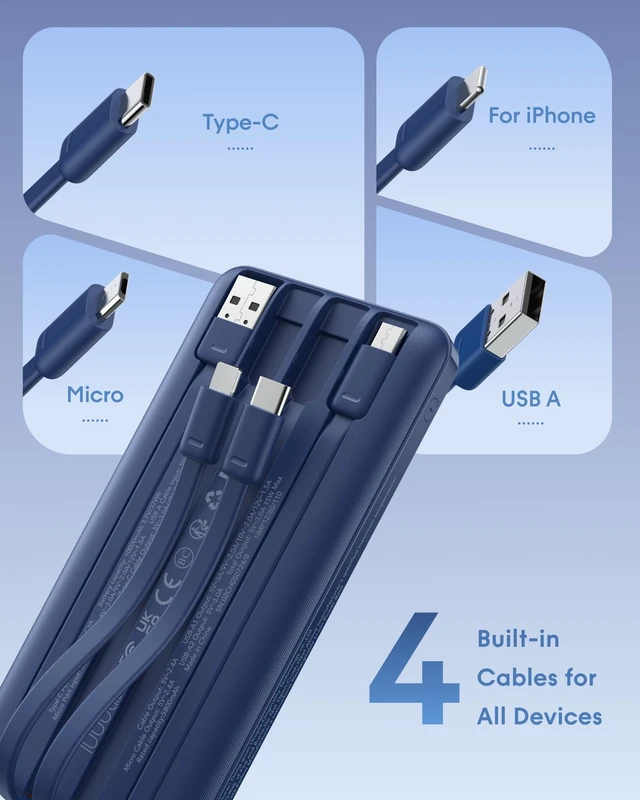 Alt view image 3 of 7 - Portable Charger Fast Charging,Built-in 4 Cables,6 Outs & 4 Inputs | 22.5W 10000 mAh Power Bank USB C Battery Pack Charge 6 Devices at Once,compatible with iPhone,iPad,Samsung,Travel Essential