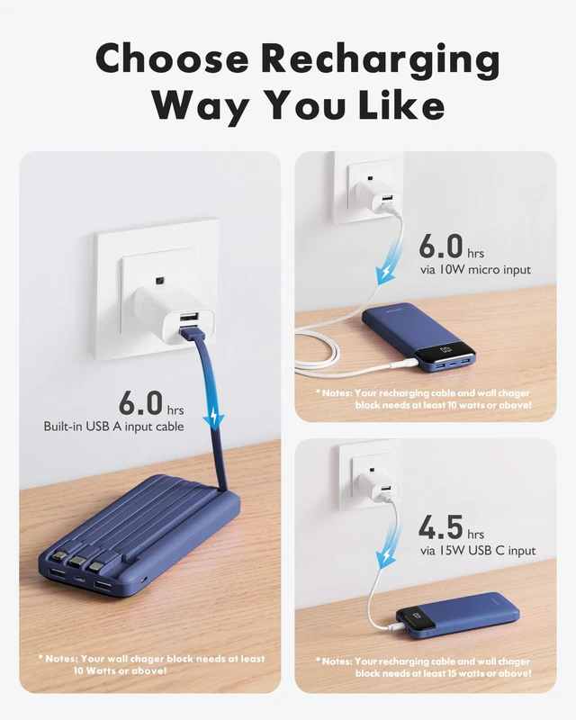 Alt view image 4 of 7 - Portable Charger Power Bank with Reinforced Built-in 4 Cables | 10000mAh,6 Outputs 3 Inputs,Travel Essentials,Carry-on Only,3A Fast Charging Portable Phone Charger for iPhone Samsung Pixel