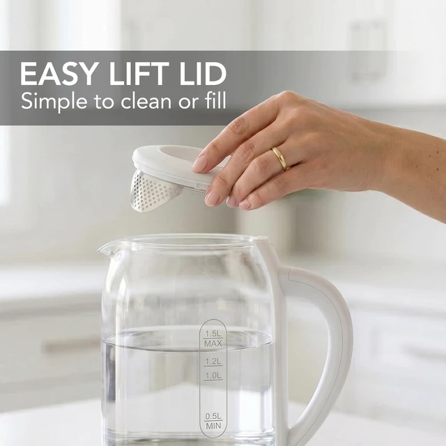 Alt view image 7 of 7 - 1.5L Glass Electric Kettle Water Boiler, White KG516W | 1500W Fast Boiling, Easy Fill Lid, Stainless Steel Filter, LED Indicator, Auto Shut-Off, Boil-Dry Protection, 360° Base