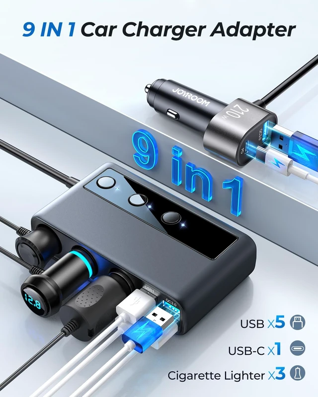 Alt view image 2 of 7 - 9 in 1 Cigarette Lighter Splitter, 210W Cigarette Lighter Adapter | PD36W Type-C, QC3.0 * 2 & 3 USB Ports, 12V/24V Car Charger, 3.3FT Extension Cable, Independent Switches, Voltage Display