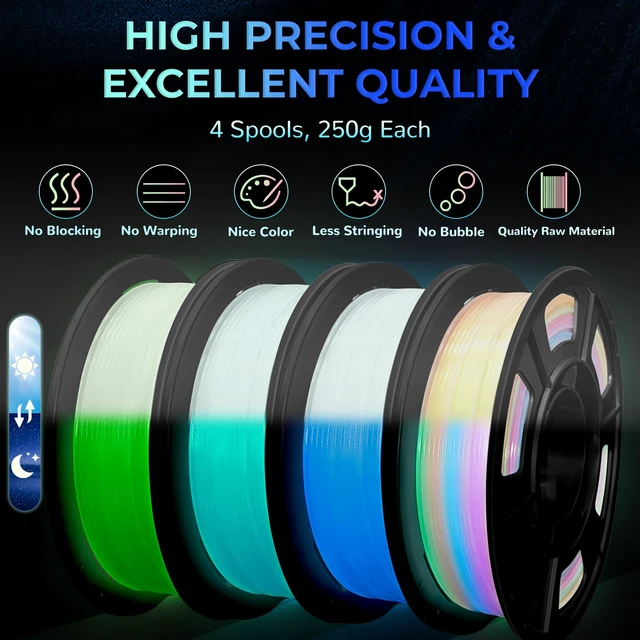 Alt view image 4 of 7 - Glow in The Dark PLA+3D Printer Filament, PLA+Filament 1.75 mm, Stronger Lighting Effect, Glow Filament Multicolor for Most 3D Printers, 4 Spools 250g Each - Green, Blue, Blue-Green, Rainbow