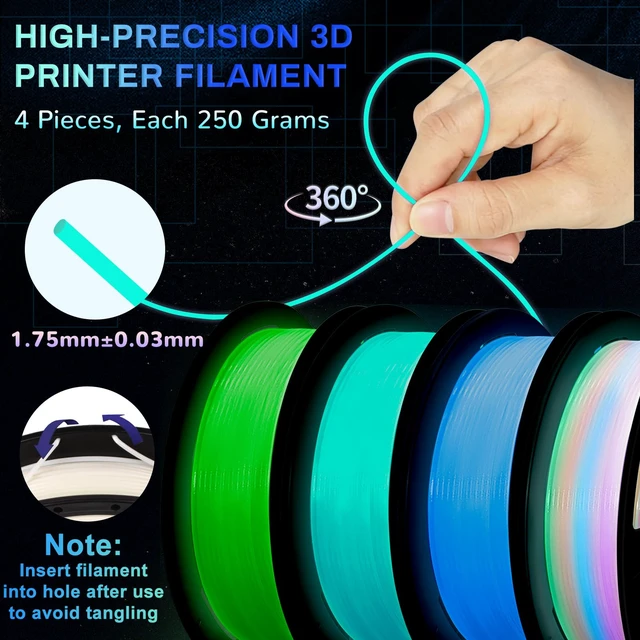 Alt view image 5 of 7 - Glow in The Dark PLA+3D Printer Filament, PLA+Filament 1.75 mm, Stronger Lighting Effect, Glow Filament Multicolor for Most 3D Printers, 4 Spools 250g Each - Green, Blue, Blue-Green, Rainbow