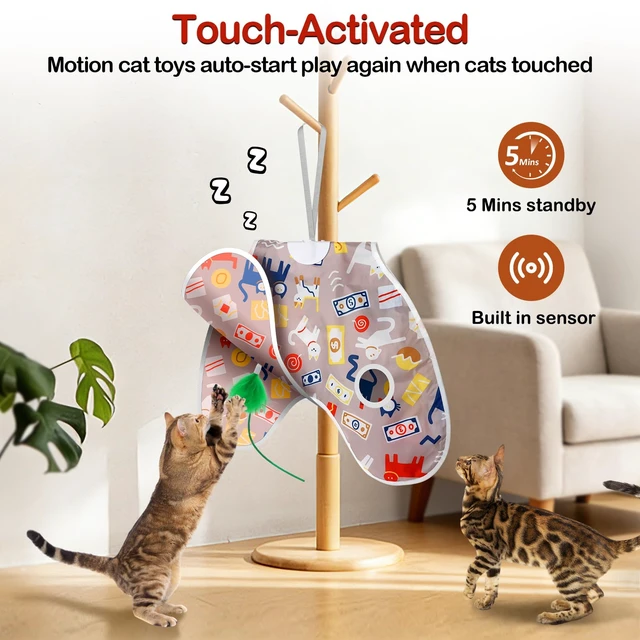 Alt view image 2 of 7 - Interactive Cat Toys Moving Concealed Feathers Cat Toys Motion Activated Wall-Mounted Hanging Kitten Toy with Real Mouse Squeaky