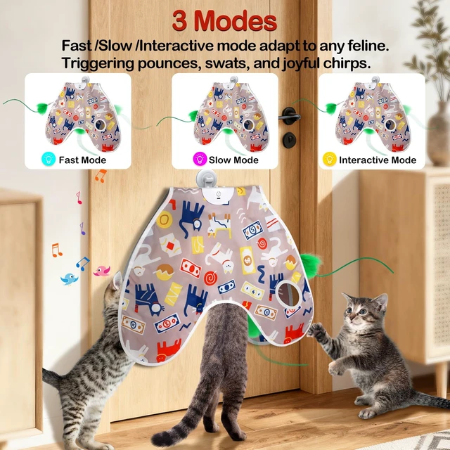 Alt view image 5 of 7 - Interactive Cat Toys Moving Concealed Feathers Cat Toys Motion Activated Wall-Mounted Hanging Kitten Toy with Real Mouse Squeaky