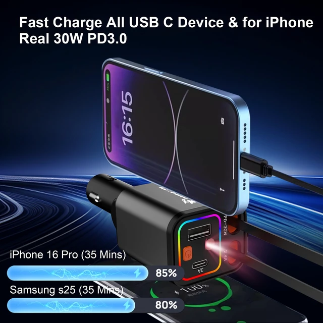 Alt view image 3 of 7 - Starlight Fast Car Charger, 4 in 1 Cigarette Lighter Chargers with USB Type C Ports Retractable Cord Display, for iPhone 17 16 15 14 Pro Max Plus/iPad, Car Truck Essentials Gift for Women Men