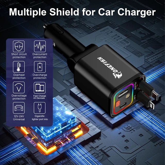 Alt view image 5 of 7 - Starlight Fast Car Charger, 4 in 1 Cigarette Lighter Chargers with USB Type C Ports Retractable Cord Display, for iPhone 17 16 15 14 Pro Max Plus/iPad, Car Truck Essentials Gift for Women Men
