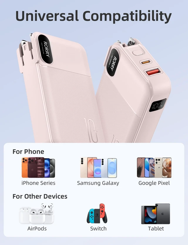 Alt view image 6 of 7 - Portable Charger 3 in 1 with Wall Plug 10000mAh Power Bank for iPhone | Built in Cables, 22.5W Fast Charging, Plug in Battery Pack for iPhone, iPad, Samsung Galaxy, Pixel, LG, Travel Essential