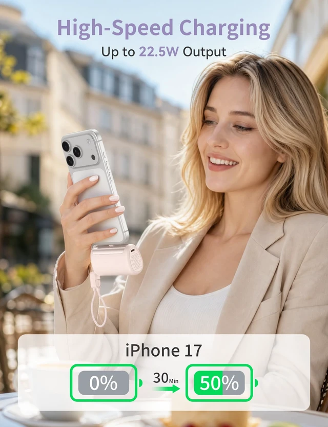 Alt view image 5 of 7 - PalmGo Portable Charger Power Bank 10000mAh 3-in-1 Mini Battery Pack | Built-in USB-C Connector, 22.5W Fast Charging, for iPhone 18 Pro/17/16/15, Apple Watch, iPad, Travel Essential, Pocket Size