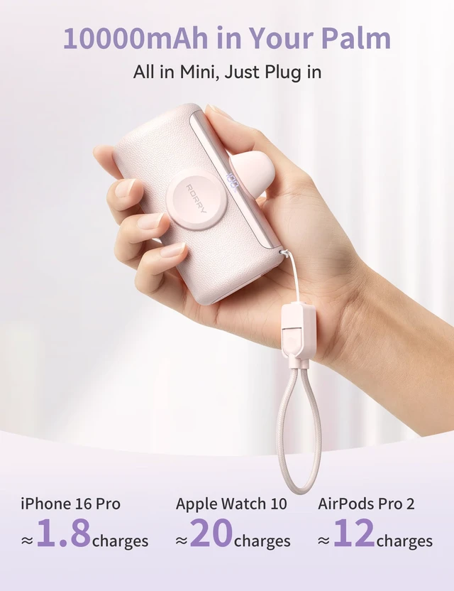 Alt view image 3 of 7 - PalmGo Portable Charger Power Bank 10000mAh 3-in-1 Mini Battery Pack | Built-in USB-C Connector, 22.5W Fast Charging, for iPhone 18 Pro/17/16/15, Apple Watch, iPad, Travel Essential, Pocket Size