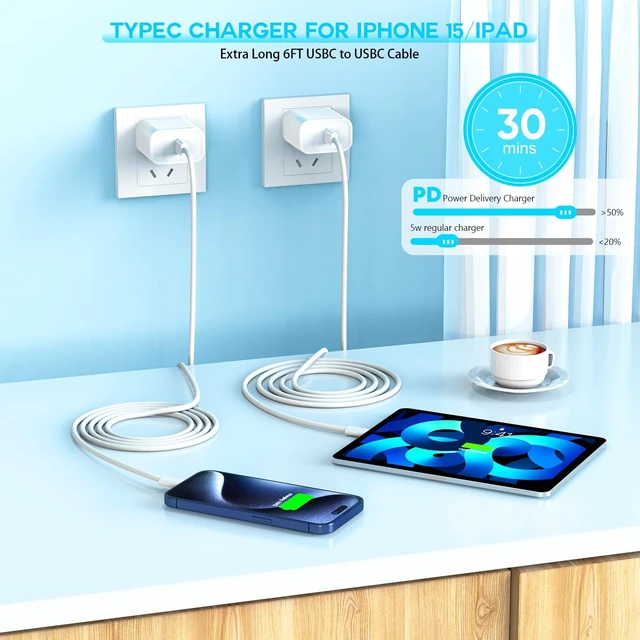 Alt view image 3 of 7 - Fast Charger for iPhone 15, 3Pack USB C iPad Charger PD Fast Charger Block 6FT Long USB C to Type C iPhone 15 Charging Cable Cord for iPhone 15/15 Pro/15 Pro Max,iPad Pro 12.9/11inch, iPad Air 5th/4th