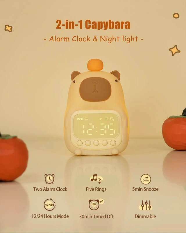 Alt view image 2 of 7 - Capybara Alarm Clock for Kids, Cute Kid Night Light Toddler Alarm Clocks | Kids Small Digital Clock for Bedroom Bedside, Dual Alarm, Warm Night Light, LED Desk Clock Gift for Boys and Girls