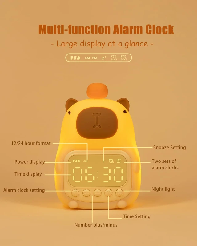 Alt view image 7 of 7 - Capybara Alarm Clock for Kids, Cute Kid Night Light Toddler Alarm Clocks | Kids Small Digital Clock for Bedroom Bedside, Dual Alarm, Warm Night Light, LED Desk Clock Gift for Boys and Girls