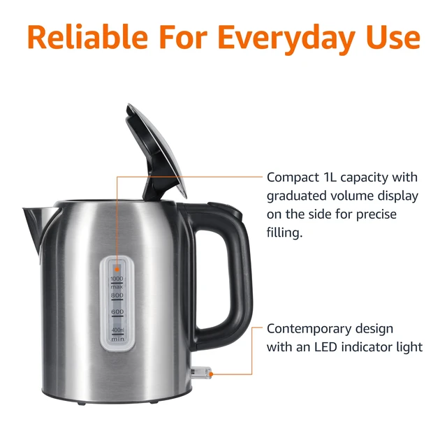 Alt view image 2 of 6 - Electric Kettle, Tea Kettle & Water Boiler with Auto Shut-Off, Boil Dry Protection, Strix Thermostat, BPA-Free, 1500W, 1.1Qt (1L), Stainless Steel, New Model, Black & Silver