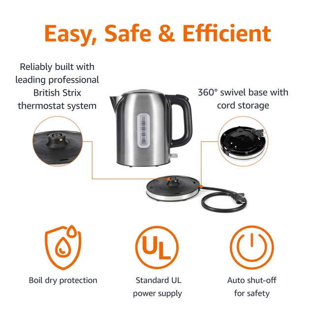 Alt view image 3 of 6 - Electric Kettle, Tea Kettle & Water Boiler with Auto Shut-Off, Boil Dry Protection, Strix Thermostat, BPA-Free, 1500W, 1.1Qt (1L), Stainless Steel, New Model, Black & Silver
