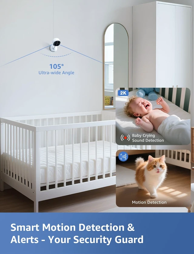 Alt view image 4 of 7 - 2K Security Indoor & Outdoor Camera for Baby Care, Pet Monitoring, Remote Intercom, Night Vision, 2-Way Audio, Cloud & SD Card Storage (SD Card Not Included)