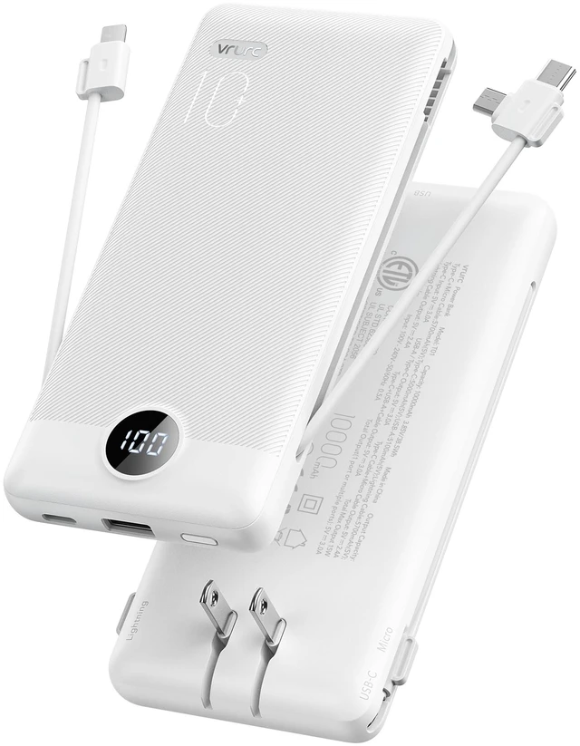 Main image of Portable Charger, Power Bank Built-in Cables and AC Wall Plug | USB C Power Bank 10000mAh Travel Essentials Phone Charger Compact External Battery Pack For Smart Phones, Tablets etc-White