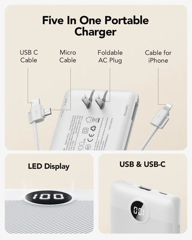 Alt view image 3 of 7 - Portable Charger, Power Bank Built-in Cables and AC Wall Plug | USB C Power Bank 10000mAh Travel Essentials Phone Charger Compact External Battery Pack For Smart Phones, Tablets etc-White