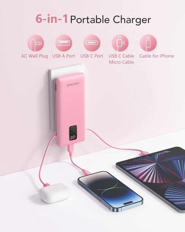 Alt view image 2 of 7 - Portable Charger Power Bank Built in Cables,10000mAh Battery Pack | with AC Wall Plug,LED Display & 5 Outputs,Travel Camping Essentials Slim External Phone Charger for iPhone,Samsung,Android