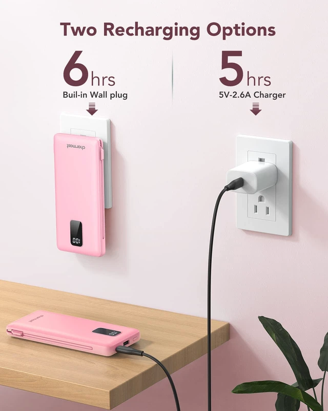 Alt view image 6 of 7 - Portable Charger Power Bank Built in Cables,10000mAh Battery Pack | with AC Wall Plug,LED Display & 5 Outputs,Travel Camping Essentials Slim External Phone Charger for iPhone,Samsung,Android