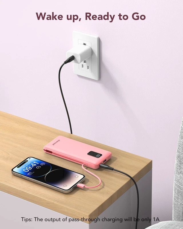 Alt view image 7 of 7 - Portable Charger Power Bank Built in Cables,10000mAh Battery Pack | with AC Wall Plug,LED Display & 5 Outputs,Travel Camping Essentials Slim External Phone Charger for iPhone,Samsung,Android