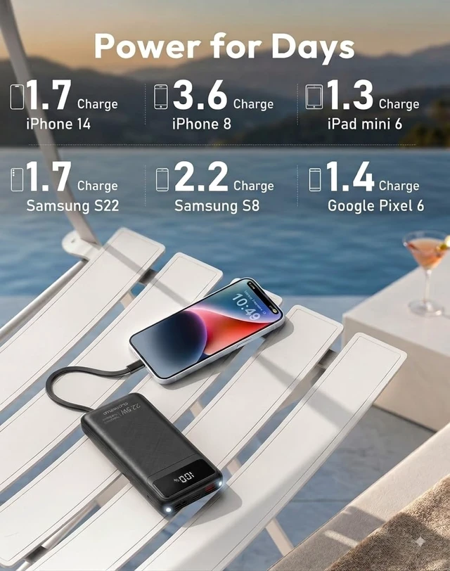 Alt view image 2 of 7 - 10000mAh Power Bank, Portable Charger with 4 Built-in Cables, 22.5W Fast Charging, LED Digital Display, USB-C Battery Pack for iPhone, Samsung & Android