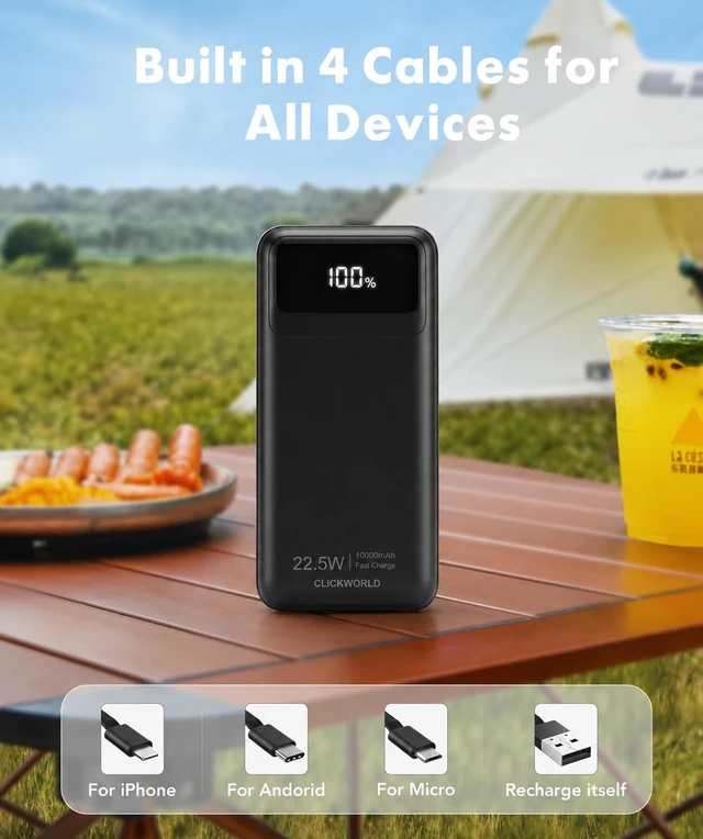 Alt view image 4 of 7 - 10000mAh Power Bank, Portable Charger with 4 Built-in Cables, 22.5W Fast Charging, LED Digital Display, USB-C Battery Pack for iPhone, Samsung & Android