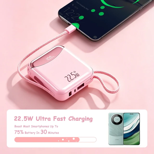 Alt view image 3 of 7 - 10000mAh Portable Charger with Built-in USB-C & Light-ning Cables, 22.5W Fast Charging Power Bank, Travel Battery Pack with LED Display for iPhone Samsung Android Flight Approved