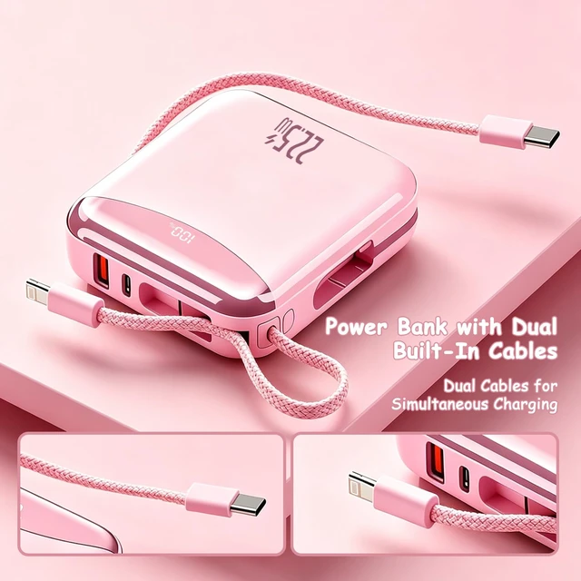 Alt view image 2 of 7 - 10000mAh Portable Charger with Built-in USB-C & Light-ning Cables, 22.5W Fast Charging Power Bank, Travel Battery Pack with LED Display for iPhone Samsung Android Flight Approved