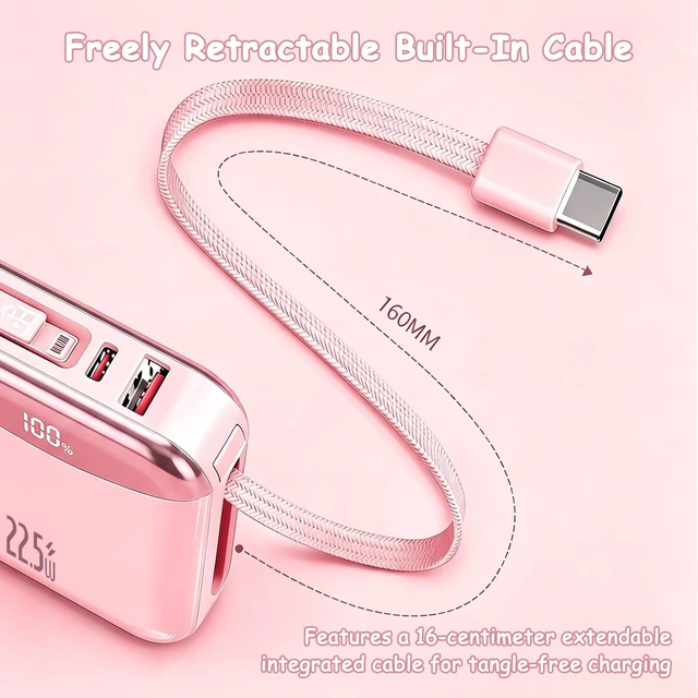 Alt view image 5 of 7 - 10000mAh Portable Charger with Built-in USB-C & Light-ning Cables, 22.5W Fast Charging Power Bank, Travel Battery Pack with LED Display for iPhone Samsung Android Flight Approved