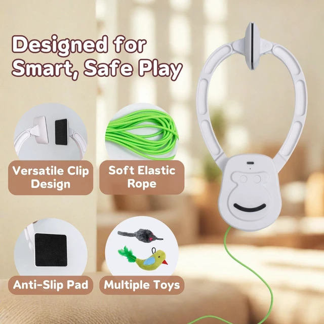 Alt view image 6 of 7 - Interactive Cat Toys for Indoor Cats - 2 Motion Modes (360° Spin & Irregular Jumping), with Bird&Mouse attachments, USB Rechargeable Door Hanging Toy - for Kittens Adult Multi-Cats Households